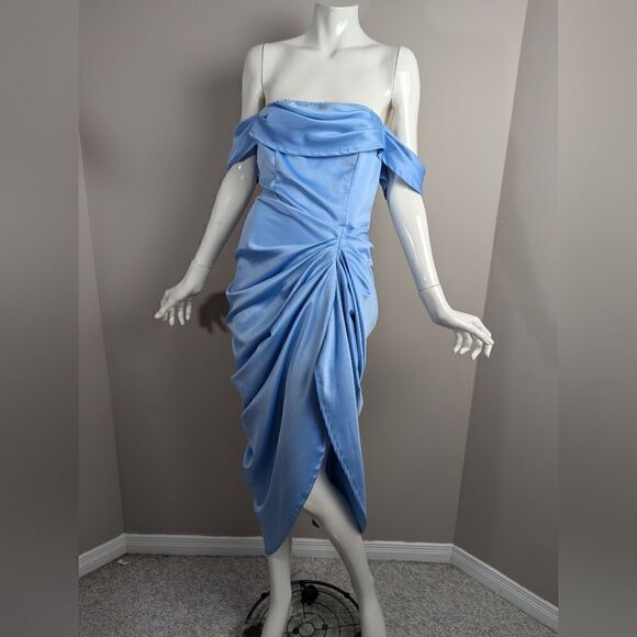 Pretty Little thing Blue Satin Draped Bardot Midi Dress 6 NWT - Picture 7 of 13